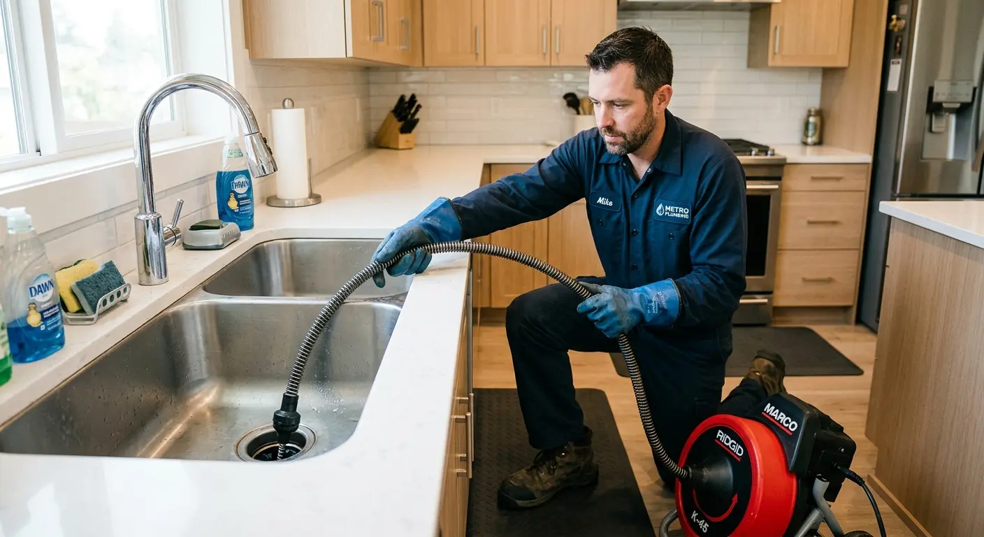 Drain cleaning technician using a motorized snake on a kitchen sink in Chippewa Falls