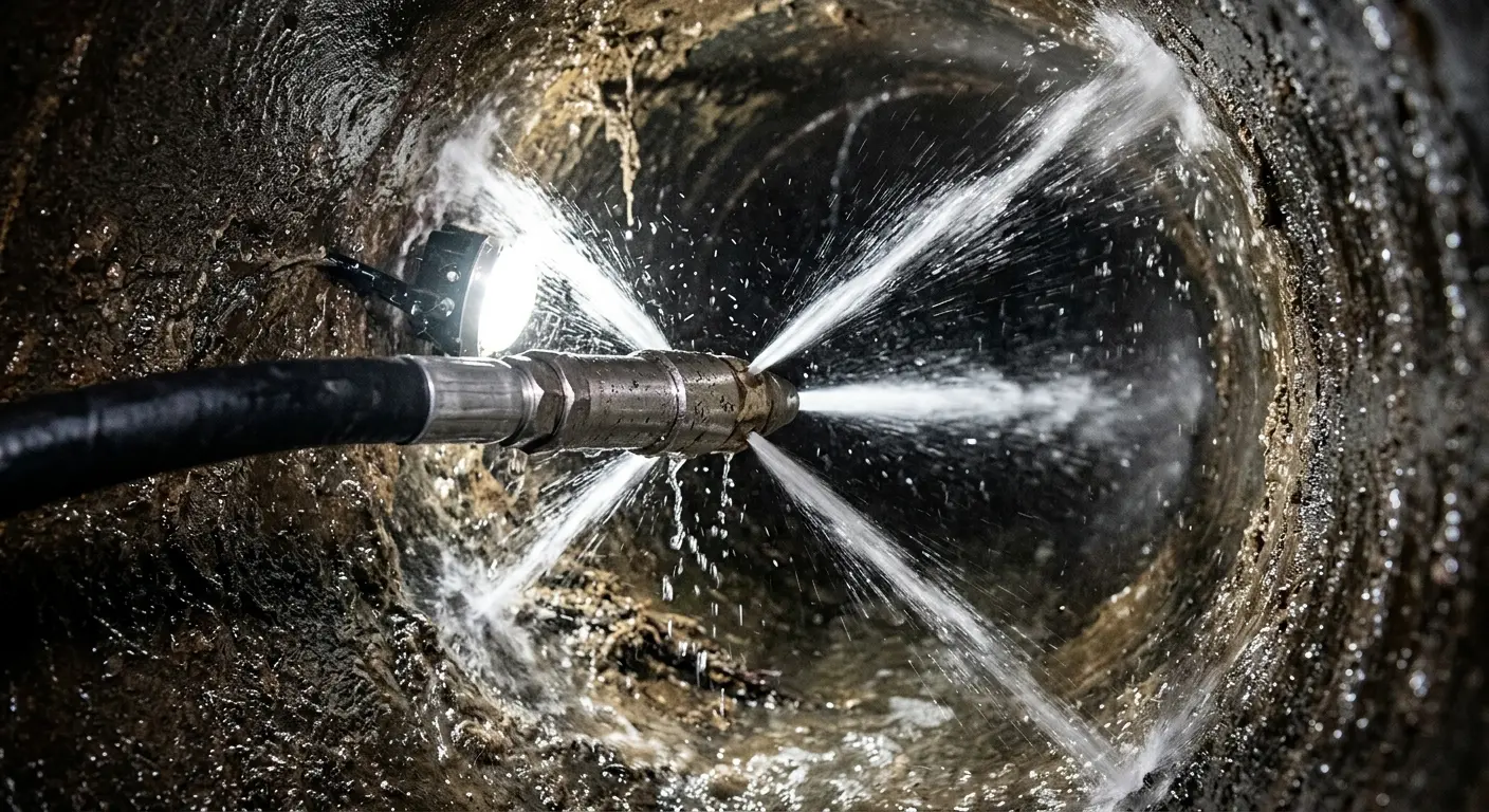 High-pressure hydro jetting nozzle cleaning sewer pipe for Storm Drain Cleaning in Chippewa Falls