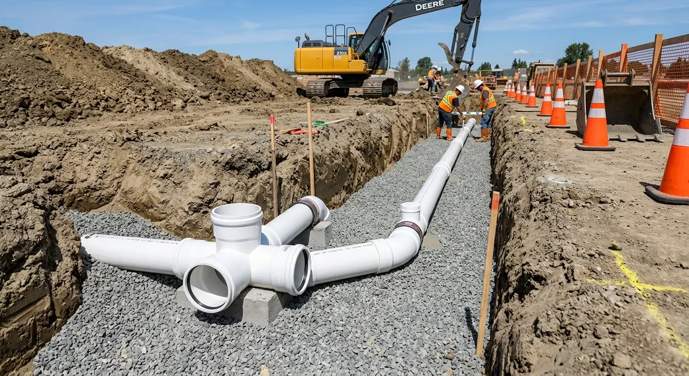 New PVC sewer pipe installation in open trench for Sewer Camera Inspection in Chippewa Falls